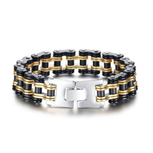 BR-484BY Mens Bike Chain Bracelet of Stainless Steel Two-Tone Polished