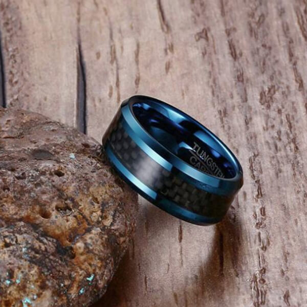 TCR 068 blue tungsten carbide ring carbon fiber inlay